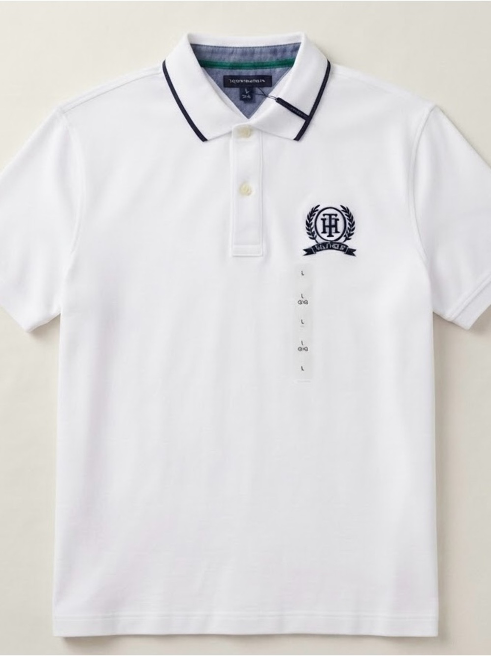 Tommy Hilfiger White Polo Shirt with Navy Crest and Trim